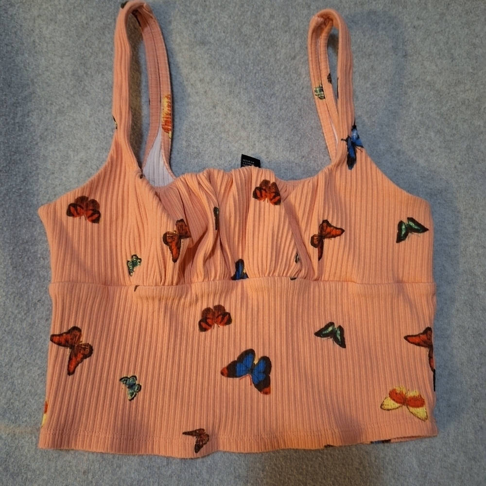 Peach Butterfly Print Halter Cropped Tank Top Medium